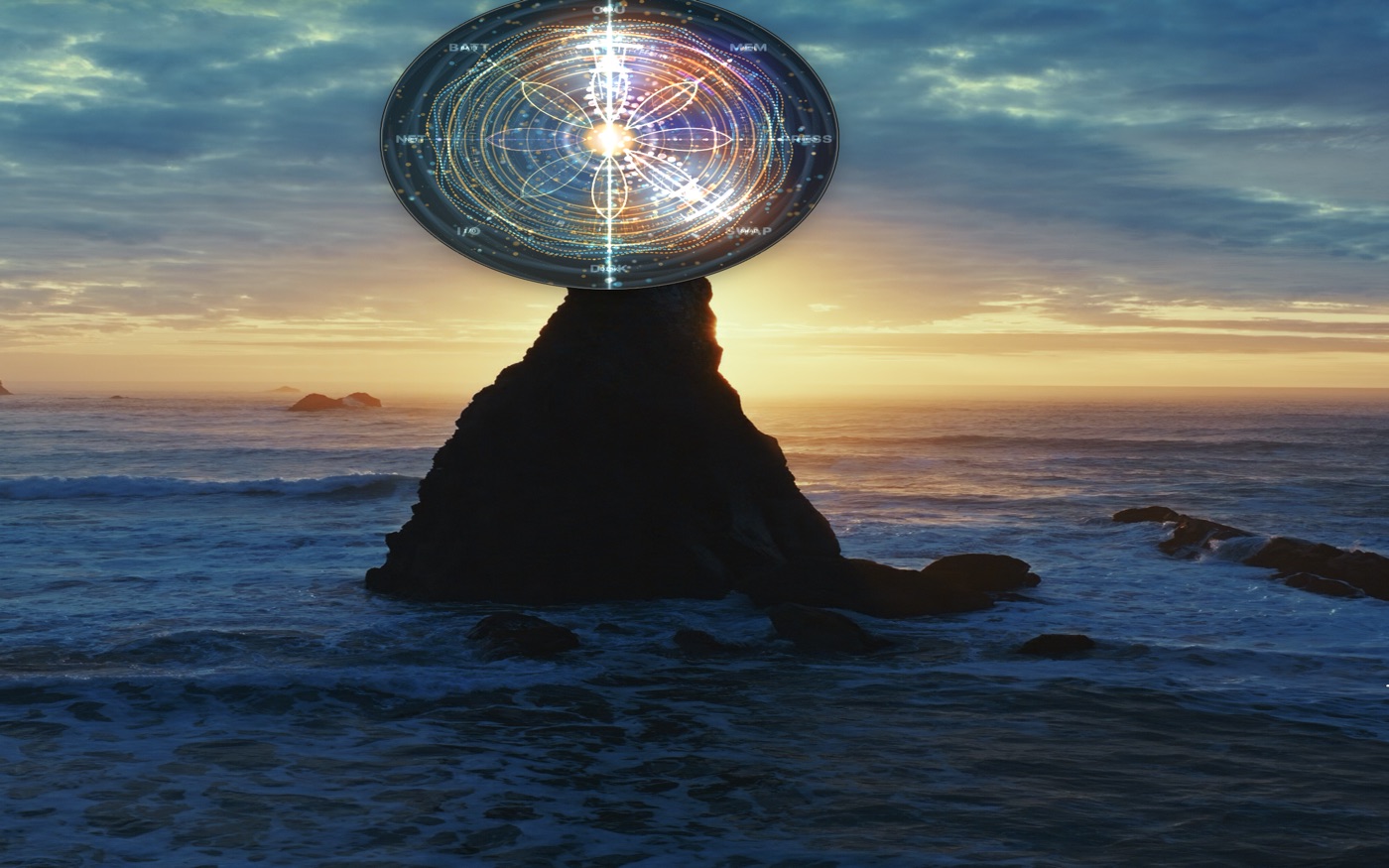 様式 Cosmic — 海景の壁紙の上に浮かぶ半透明の曼荼羅（前面オーバーレイ）